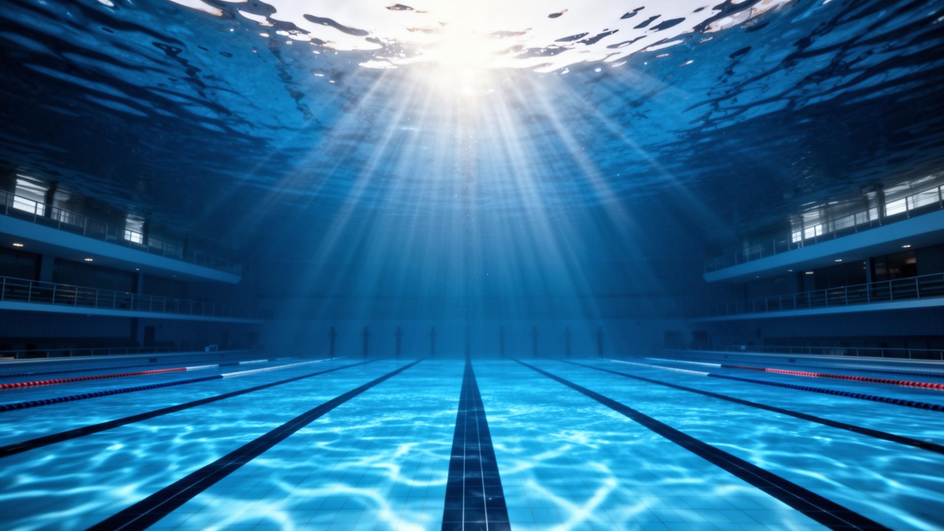 Piscina vista bajo el agua con rayos de sol atravesando el azul